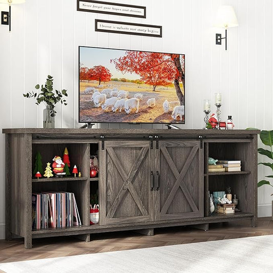 70In Farmhouse TV Stands for 70 75 80inch TV w/Adjustable Shelves,Sliding Barn Door.Rustic Wooden Entertainment Center,TV Console Grey Cabinet w/Storage for Bedroom Living Room(Dark Grey 70in)-NeatNest