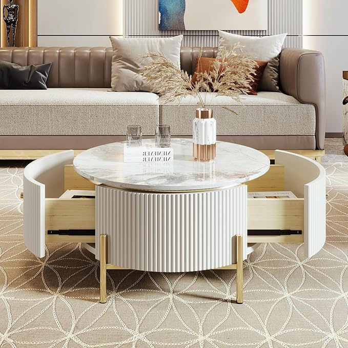 31.5'' Modern Round Coffee Table with 2 Large Drawers Storage Accent Table for Living Room(31.5'')