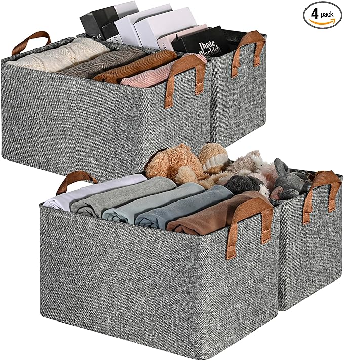 GRANNY SAYS Closet Storage Baskets, Collapsible Fabric Storage Bins with Metal Frame, Clothes Organizer Bins, Large Baskets for Shelves, Gray, 4-Pack-NeatNest