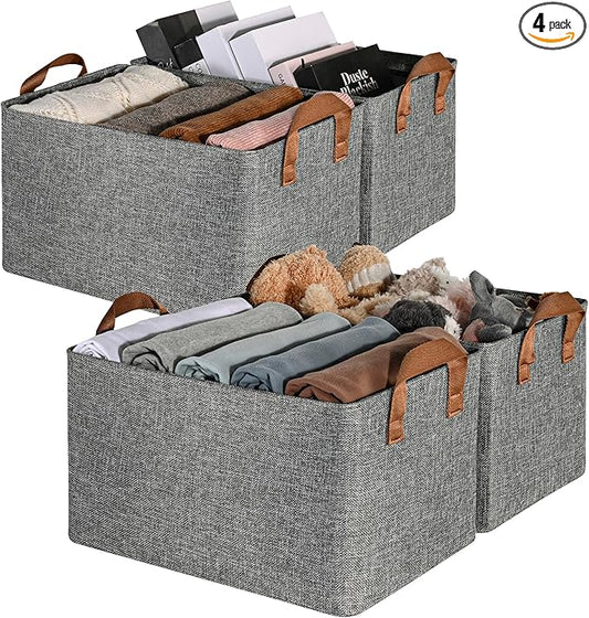 GRANNY SAYS Closet Storage Baskets, Collapsible Fabric Storage Bins with Metal Frame, Clothes Organizer Bins, Large Baskets for Shelves, Gray, 4-Pack-NeatNest