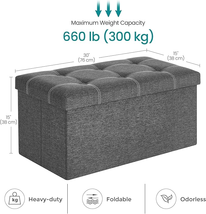 SONGMICS Mazie Collection - 30 Inches Ottoman Storage Bench, 21 Gal. Folding Chest with Breathable Linen-Look Fabric, Load up to 660 lb, for Entryway, Living Room, Bedroom, Dark Gray ULSF001G01-NeatNest