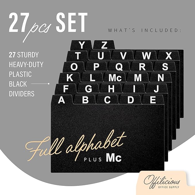 27 Black Index Dividers 3x5" - Large Index Card Organizer with Alphabetical File Dividers and Recipe Guides