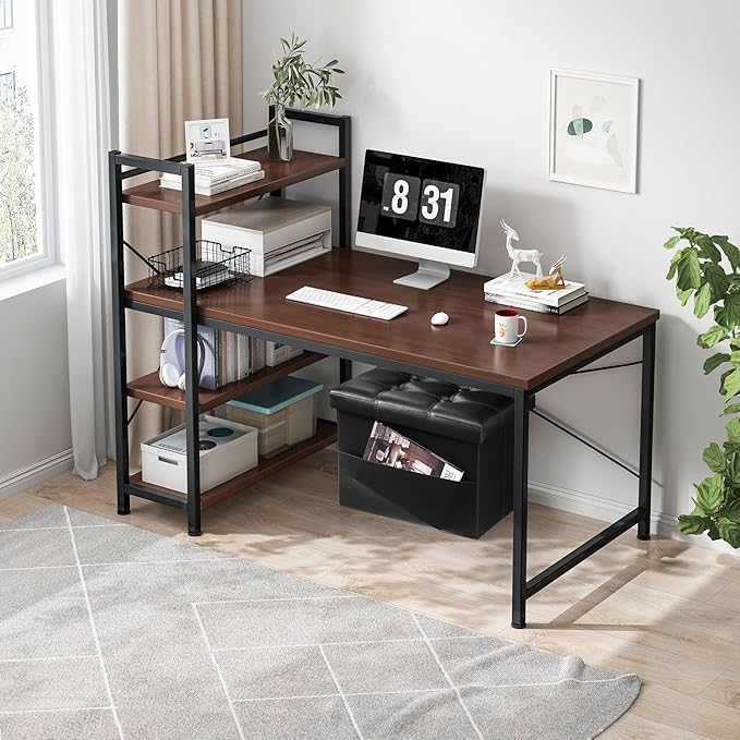 AmasSmile Storage Ottoman Folding Foot Rest Stool with Side Pocket, 16 inch Leather Footstool Bench, Short Ottoman Bench, Storage Foot Rest Store, Books, Black-NeatNest