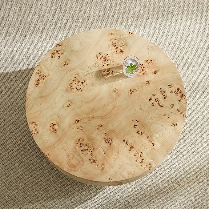 Coffee Table, 31.49'' Round Coffee Table with Burl Wood Veneer for Living Room, Handcrafted Relief Carving, Easy Assembly, Natural-NeatNest