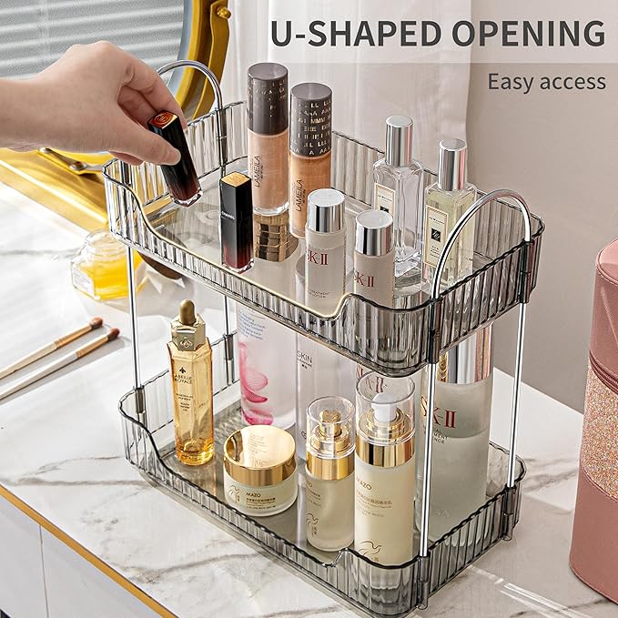 2 Tier Bathroom Organizer Countertop Makeup Perfume Tray Skincare Organizer for Bathroom Dresser Vanity (Grey)-NeatNest