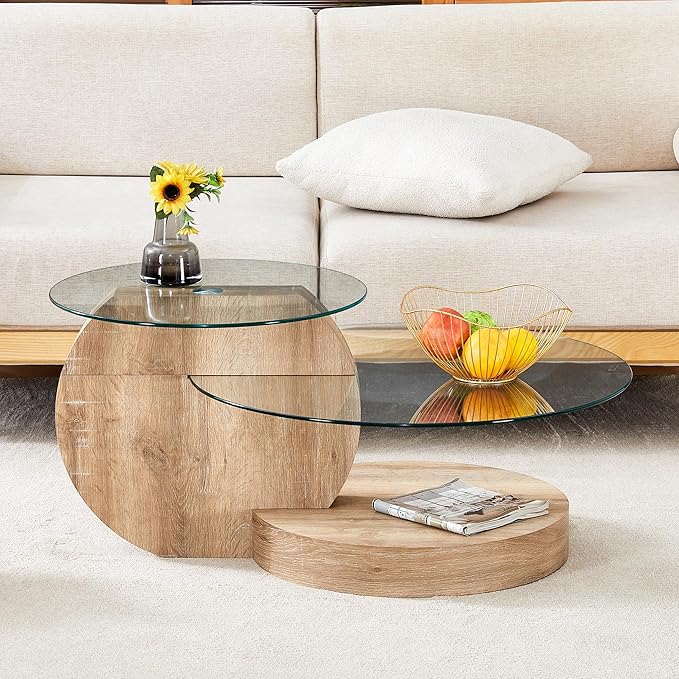 Glass Coffee Tables Round Coffee Tables for Living Room Modern 3 Tier Round Table Circle Coffee Table for Small Space Home Office (35.4 Inch Light Wood)