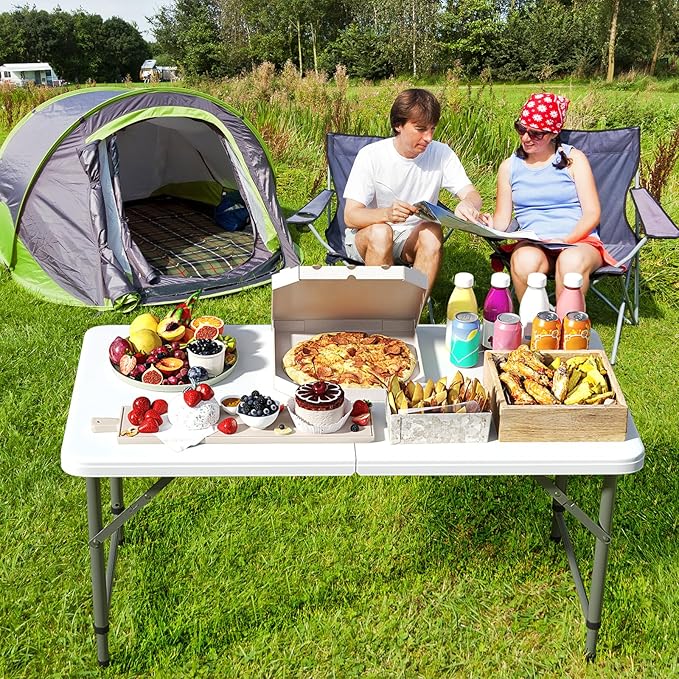 Goplus Portable 4 Foot Plastic Folding Table, 400 LBS Indoor Outdoor Heavy Duty Adjustable Folding Tables with HDPE Tabletop, Carrying Handle, Foldable Utility Card Table for Picnic, Camping, Dining-NeatNest