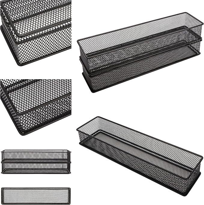 Annova Mesh Stackable Drawer Cabinet and Shelf Organizer Bins Storage Basket School Office Supply Holder Tray- Set of 2 (Black, 3x12x2 Inch)-NeatNest