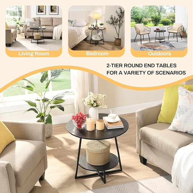 D&H FURNIMMT 20" Living Room Side Table for Small Spaces, 2 Tier Wood Top Round End Tables with Storage Shelf, Accent Sofa Table for Bedroom, Office, Sunroom, Balcony, Black-NeatNest