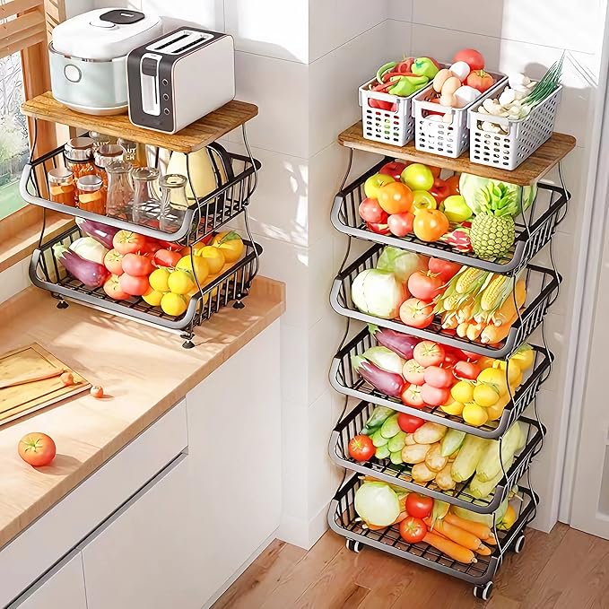MURRI&MURRDI Fruit Vegetable Storage Basket with Wooden Lid, 6 Tier Stackable Wire Storage Baskets with Wheels Produce Basket Organizer for Kitchen Rack Storage Cart for Pantry (6 Black 6 Layer)