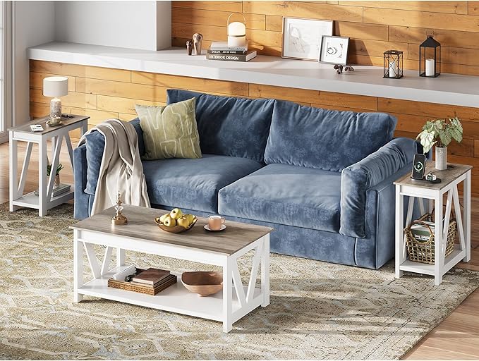 WLIVE End Tables Living Room Set of 2 with Charging Station, Sofa Side Tables with Open Storage Shelf, Slim Farmhouse End Table Sets, Greige