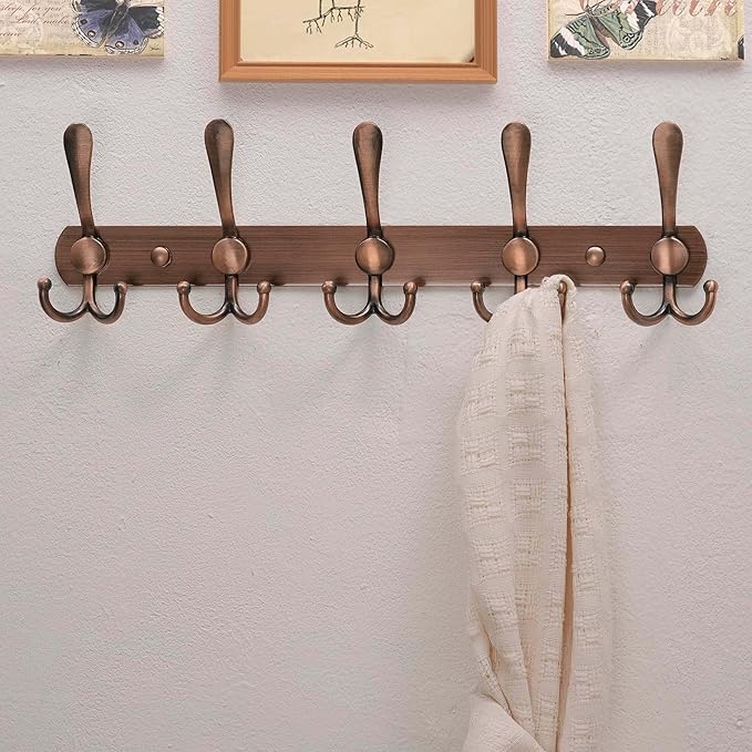 Dseap Wall Mounted Coat Rack - 5 Tri Hooks, Heavy Duty, Stainless Steel, Metal Coat Hook Rail for Coat Hat Towel Purse Robes Mudroom Bathroom Entryway,Antique Copper-NeatNest