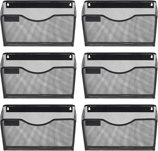 EasyPAG 6 Pack Wall File Holder with Label Panel, Single Mesh Hanging File Organizer for A4 Letter Size Paper, Wall Mount Paperwork Basket for Office, Home, School, Black
