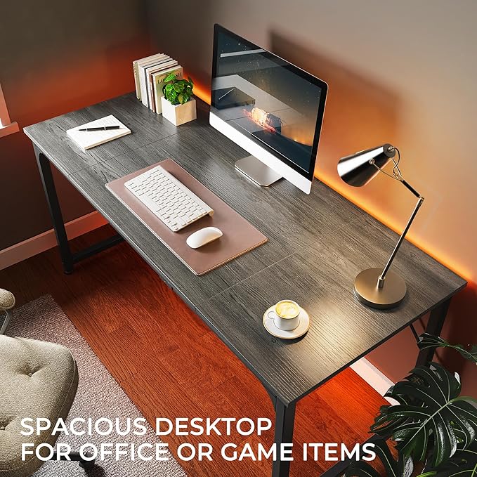 Huuger Computer Gaming Desk, 63 Inch Office Desk With Storage, Writing Work Surface for Home Office, Study, Modern Simple Style, Large Legroom, Metal Frame, Grey-NeatNest