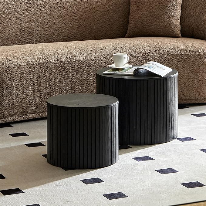 Small Nesting Round Coffee Table Set of 2, Modern Wooden Circle Accent End Side Table for Living Room, Bedroom, No Assembly Required, Black
