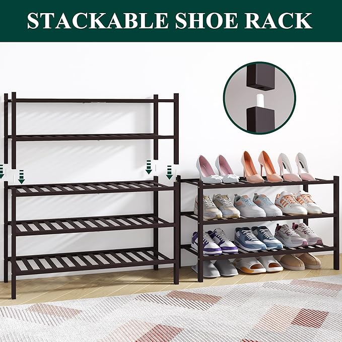 Smiry Bamboo Shoe Rack for Closet, 6 Tier Wooden Stackable Shoe Organizer, Free Standing Shoes Storage Shelf for Entryway, Front Door Entrance, Brown-NeatNest
