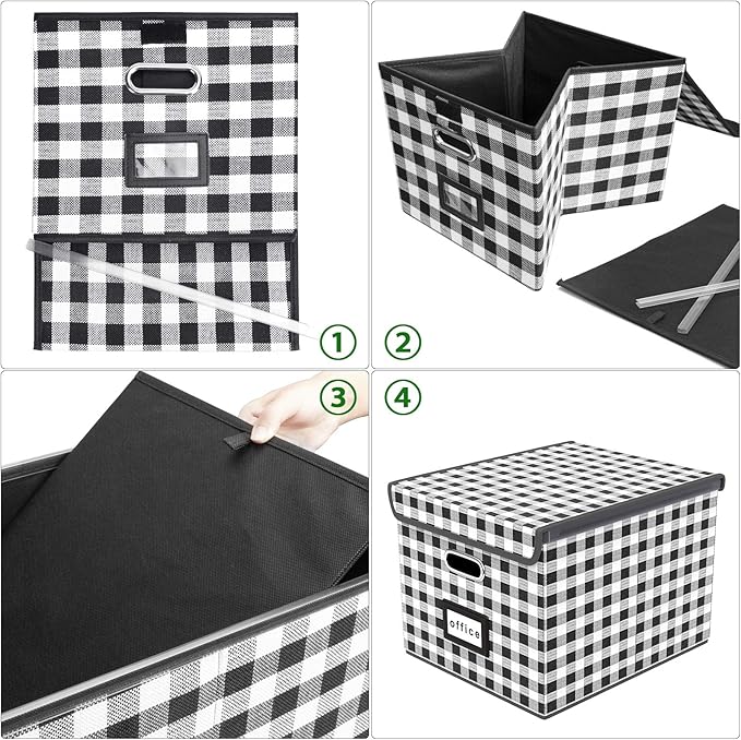 Huolewa Collapsible File Storage Organizer Box with Lid, Lattice Linen Office Document Storage, Universal Hanging Filing Organization Box for Letter/Legal Folder, Decorative Home File Bin