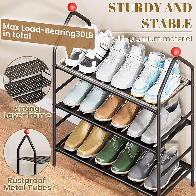 Shoe Rack, 3-Tier Shoe Organizer, Metal Storage Shelf, Shoe Rack for Closet, Free Standing Shoe Racks for Entryway, Garage & Doorway, Sturdy Shoe Shelves, Black-NeatNest