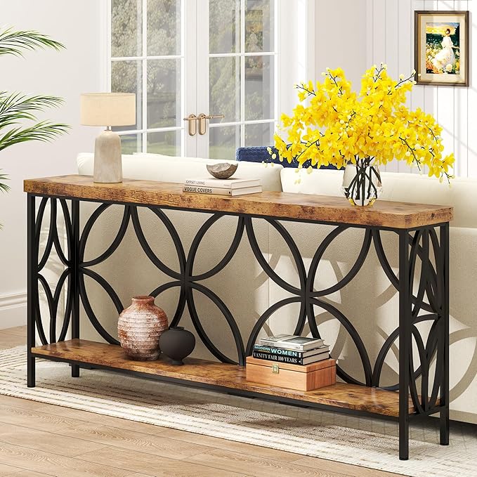 karlott 70.9 inch Extra Long Console Table, Industrial Sofa Table Behind Couch with 2 Tier Storage Shelf, Narrow Long Entryway Table for Living Room, Foyer, Hallway, Office, Rustic Brown-NeatNest