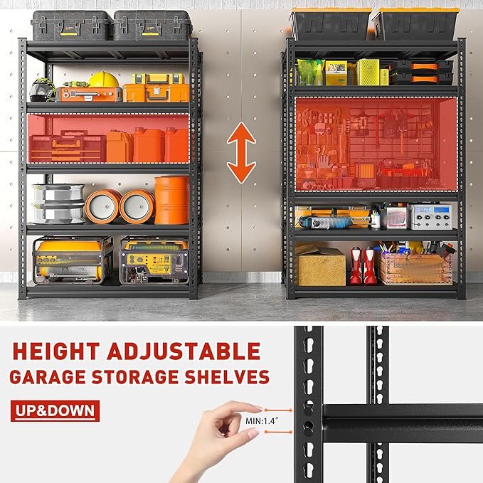 REIBII 72" H Garage Shelving Load 2500 LBS, Heavy Duty Storage Shelves, 5-Tier Adjustable Garage Shelves for Warehouse, Basement, 72" H x36 W x18 D, Black, 4 Pack-NeatNest