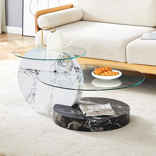 Glass Coffee Tables Round Coffee Tables for Living Room Modern 3 Tier Round Table Circle Coffee Table for Small Space Home Office (35.4 Inch White+Black)