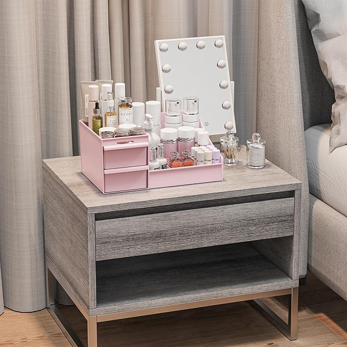 Makeup Organizer Countertop, Vanity Organizer with Drawers for Cosmetics, Skincare, Brushes, Perfume, Skincare Organizer for Vanity, Perfume Organizer for Dresser, Bathroom (Pink&2 Drawers)-NeatNest