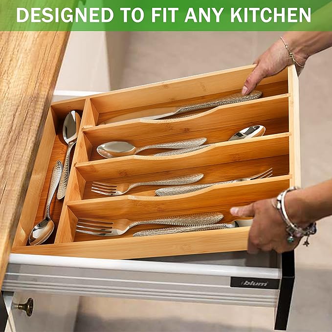 Greenual Silverware Organizer 10 In Utensil Organizer Silverware Tray for Drawer Cutlery Flatware Organizer for Kitchen Bamboo Wood-NeatNest