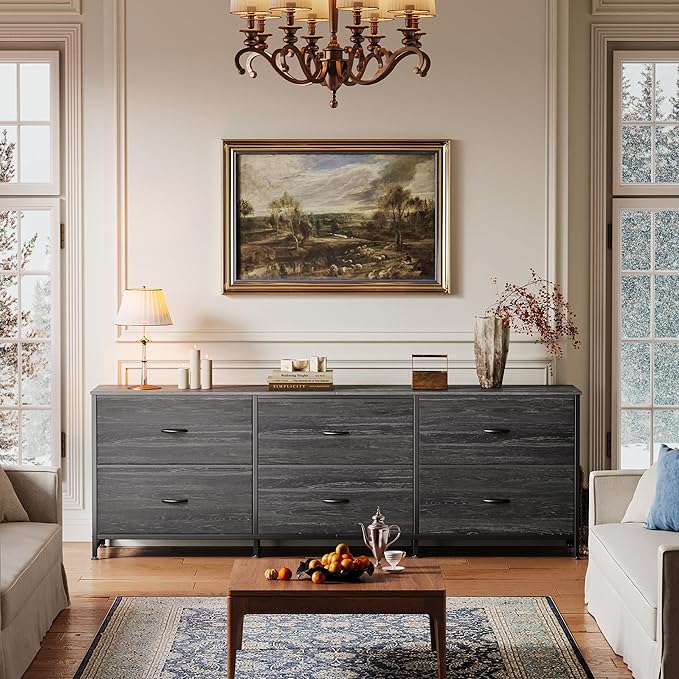 Huuger 63 Inch Long Dresser for Bedroom, TV Stand for 55, 65, 70 Inch TV, 6 Drawer Dresser for Closet with Fabric Drawers, Storage Organizer for Bedroom, Entryway, Charcoal Black Wood Grain Print-NeatNest