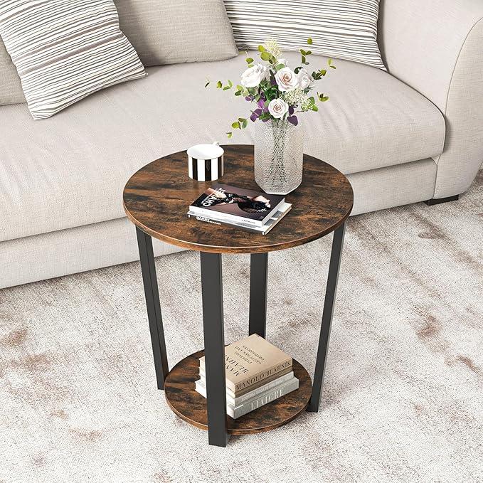 Giantex Round End Table, 2-Tier Side Sofa Table with Open Storage Shelf and Metal Frame, Industrial Nightstand Bedside Table for Living Room, Bedroom, Small Space, Accent Furniture, Rustic Brown