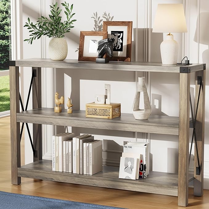 47.2" Entryway Table with Outlets and USB Ports, Console Table with 3-Tier Open Storage Shelves, Wooden Sofa Table with Metal X-Shaped Design for Living Room/Couch/Hallway/Foyer (Wash Gray)-NeatNest