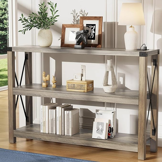 47.2" Entryway Table with Outlets and USB Ports, Console Table with 3-Tier Open Storage Shelves, Wooden Sofa Table with Metal X-Shaped Design for Living Room/Couch/Hallway/Foyer (Wash Gray)-NeatNest