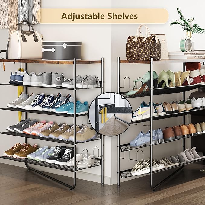 5 Tier Shoe Rack for Entryway, Metal Shoe Rack Organizer Holds 20 Pairs Shoes, Front Door Shoe Storage with Rustic Brown Wooden Top, Vertical shoe rack for Space Saving Shoe Organizer (5-Tiers)-NeatNest