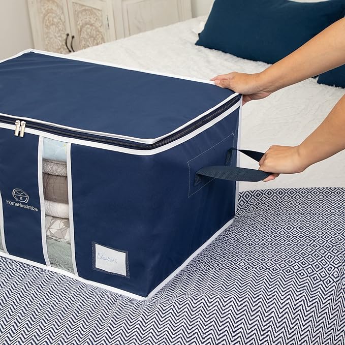 Clothes Storage Bag Organizer for, Blankets, Clothing, Comforters and Bedding Sets - Stackable with Zippers - Clear Window - 3 Pack Blue-NeatNest