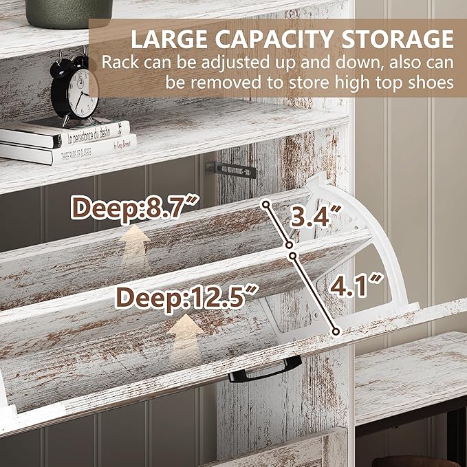 Vibe & Dine Shoe Cabinet with 2 Flip Drawers and Shoe Bench, Farmhouse Shoe Storage Cabinet for Entryway, Freestanding Slim Shoe Organizer Cabinet, Narrow Shoe Rack Cabinet with Metal Legs, White-NeatNest