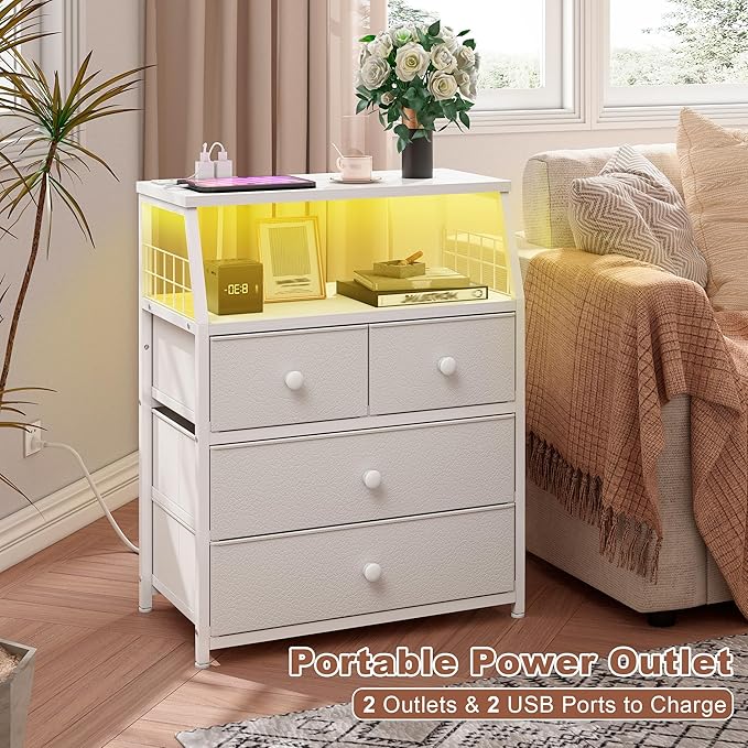 EnHomee Nightstand Set of 2, Night Stand with Charging Station & LED Lights, Bedside Table with 4 Fabric Drawers for Bedroom, Side Table with Outlets and 2 Ports, White