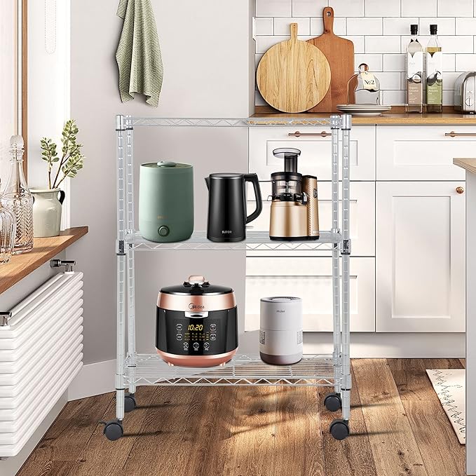 BestOffice 3-Tier Adjustable Wire Shelving Storage Shelves Heavy Duty Shelving Unit with Wheels for Small Places Kitchen Garage Balcony,Chrome-NeatNest
