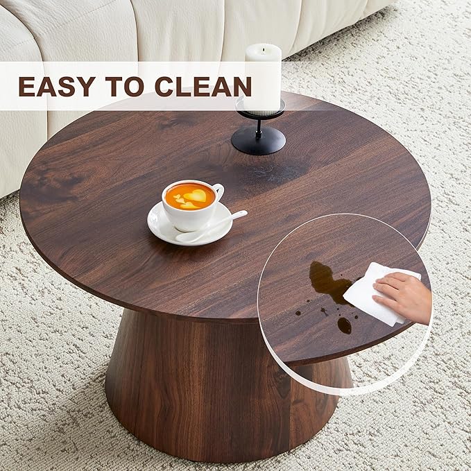 25.6" Small Round Coffee Table, Wood Mid Century Modern Coffee Tables with Pedestal Base, Space Saving Circle Center Table for Living Room, Small Space, Apartment (Walnut)