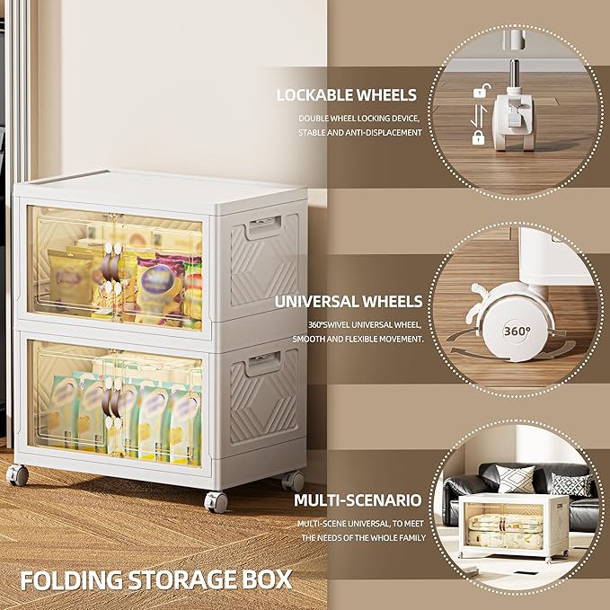 168 QT / 42 Gal Magnetic Door Storage Bins Collapsible Stackable w/1 Lid, Heavy Duty Plastic Cabinet with Wheels for Home Office Organization (White)-NeatNest