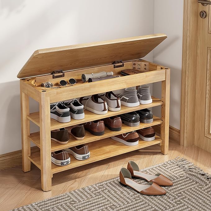 Shoe Rack Bench Seat Rubberwood 3-Tier Wooden Storage Bench 550lbs Compact Mid-Century Modern Design for Entryway, Hallway, Closet, Front Door Entrance, Foyer