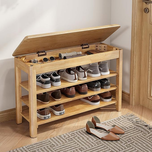 Shoe Rack Bench Seat Rubberwood 3-Tier Wooden Storage Bench 550lbs Compact Mid-Century Modern Design for Entryway, Hallway, Closet, Front Door Entrance, Foyer