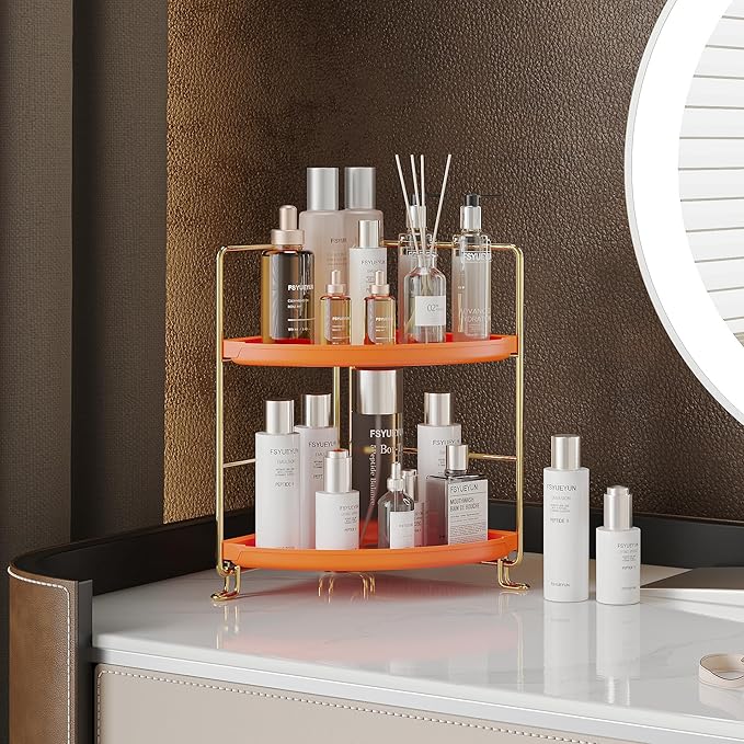 FSyueyun 2-Tier Corner Bathroom Counter Organizer, Tool-Less Installation Corner Vanity Organizer Small Plastics Countertop Makeup Tray Skincare Perfume Organizers (Gold & Orange)-NeatNest