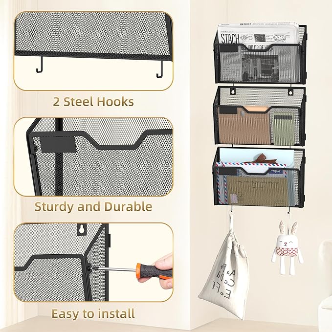 Docnest 3 Pack Hanging Wall File Holders, Mesh Wall Letter File Holder, Wall Mounted Mail Paper Document Folder Holder with Hooks for Office, Home, School, Black