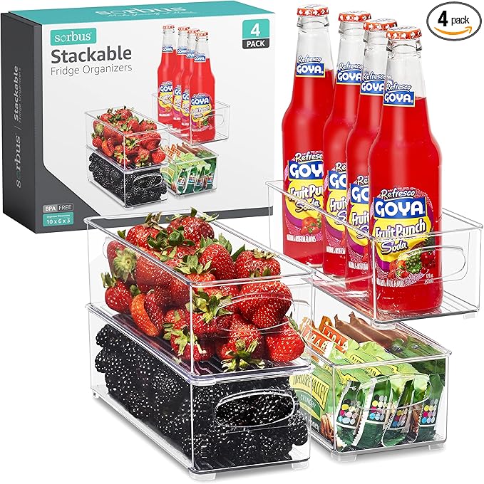 Sorbus Stackable Refrigerator Organizer Bins - Clear Storage Bins for Kitchen Pantry, Freezer & Fridge Organization - Food Organizing Plastic Containers with Handles for Countertops & Drawers (4 Pack)-NeatNest