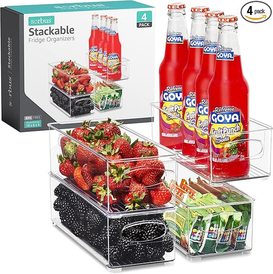 Sorbus Stackable Refrigerator Organizer Bins - Clear Storage Bins for Kitchen Pantry, Freezer & Fridge Organization - Food Organizing Plastic Containers with Handles for Countertops & Drawers (4 Pack)-NeatNest