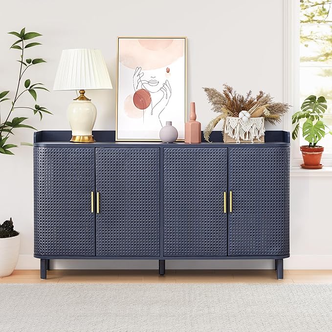 4 Doors Storage Cabinet, 2 Tier Wooden Storage Organizer Cabinet with Adjustable Shelf, Sideboard Buffet Cabinets with Iron Curved Doors Accent Shoe Rack for Entryway Hallway Living Room (Blue)-NeatNest