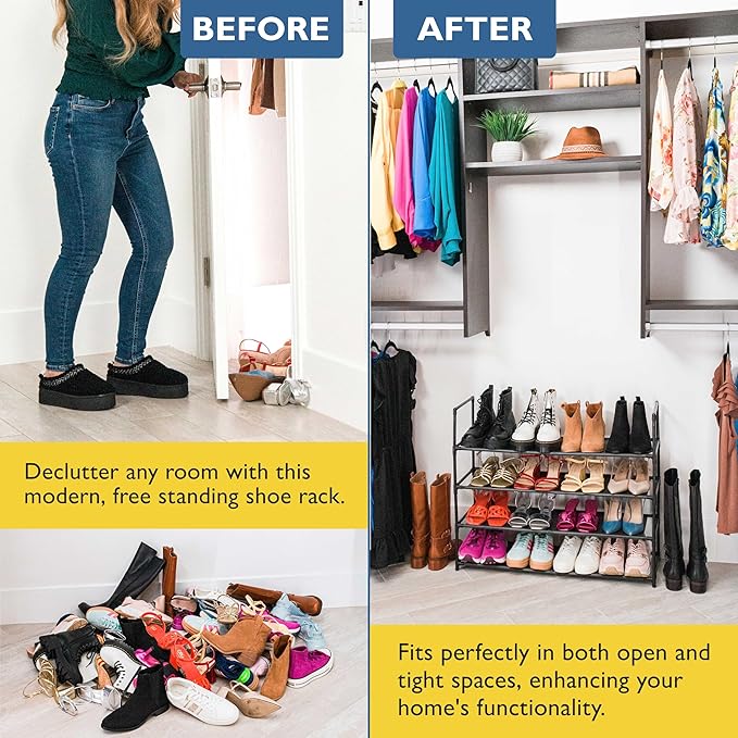Sundaze Shoe Rack - 4 Tier Shoe Rack for Front Door Entrance, Sturdy Long Shoe Organizer for Closet, Bedroom, Entryway, Garage, Non Woven Fabric Shelf, Black, Holds Up to 20 Pairs-NeatNest