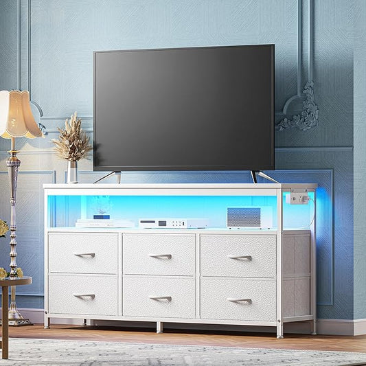 Huuger LED TV Stand for Bedroom, 47 Inch Dresser TV Stand for 43, 50, 55 Inch TV, White TV Stand with Storage, Entertainment Center with Power Outlets, 6 Drawer Fabric Dresser for Living Room-NeatNest