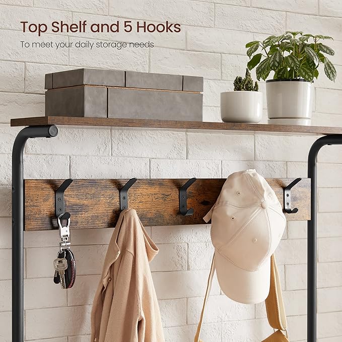 VASAGLE Hall Tree with Shoe Bench, Coat Rack Shoe Bench, 5-Tier Shoe Rack Different Heights, 5 Dual Hooks, Top Shelf, Entryway Organizer, Hallway Bedroom Dorm, Rustic Brown and Black UHSR408B01-NeatNest