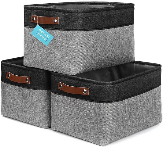 OrganiHaus Large Fabric Storage Baskets for Shelves 3 Pack | 15x11in Closet Storage Bins for Shelves | Clothes Storage Bins for Organizing | Linen Closet Organizers | Fabric Basket, Gray/Black-NeatNest
