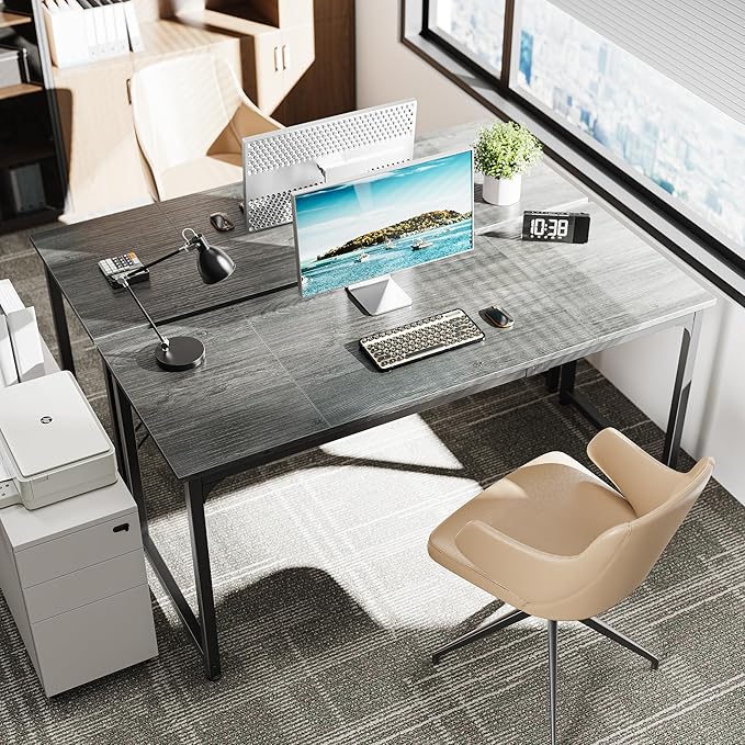Huuger Computer Gaming Desk, 63 Inch Office Desk With Storage, Writing Work Surface for Home Office, Study, Modern Simple Style, Large Legroom, Metal Frame, Grey-NeatNest